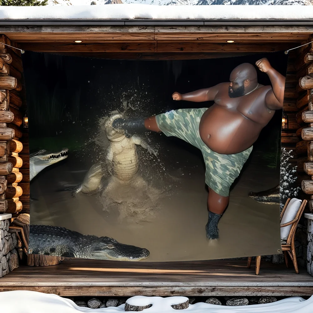 Black Guy Kick Crocodile flag Advertising Banner for Camping Decoration Outdoor & Garage Wall Hanging Decorations