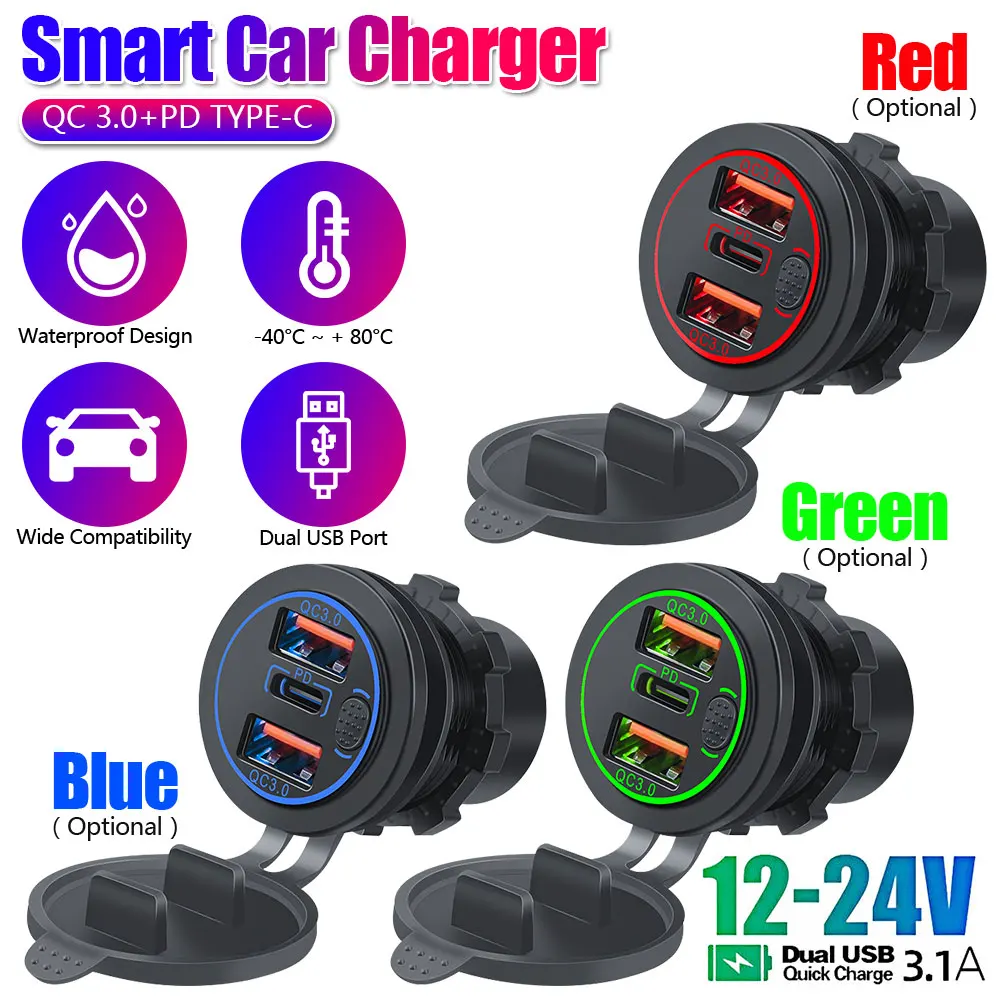 

Quick Charge Car Dual USB Charger Socket Auto Adapter QC3.0 36W Waterproof with Voltmeter Switch for 12V-24V Motorcycle ATV RV