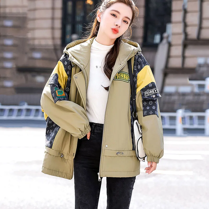 Chaqueta de lana de empalme con capucha para mujer, prendas de vestir exteriores gruesas de Parker, chaqueta acolchada cálida, ropa de algodón