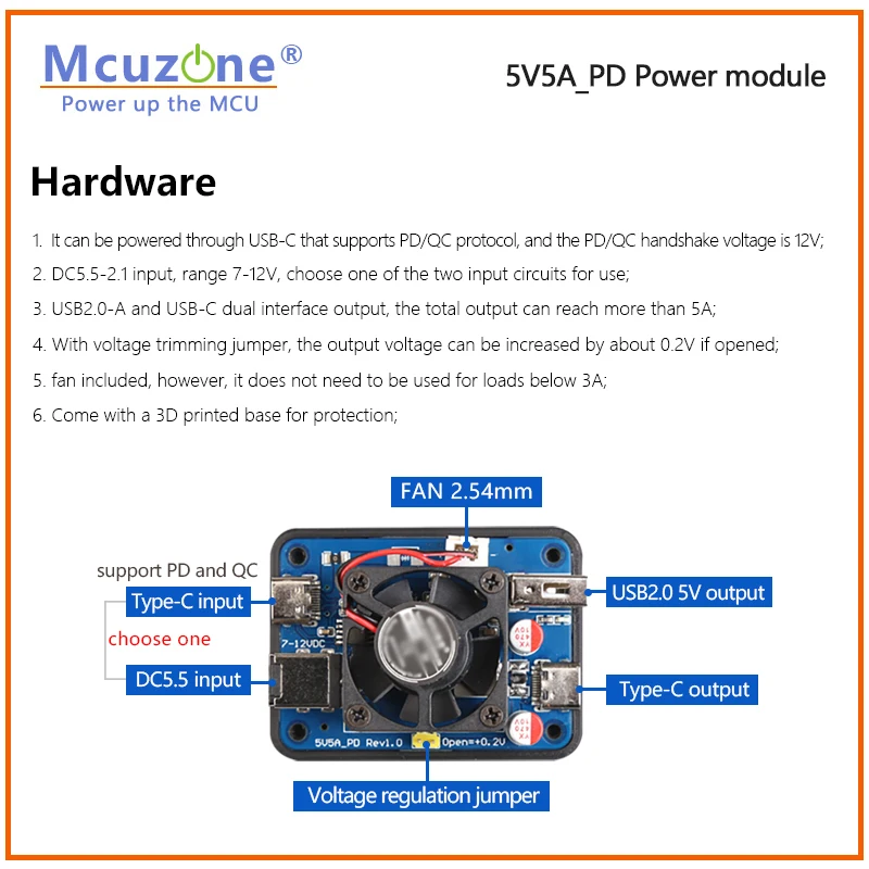 5V5A PD Power,USB-C And USB-A Dual Port Power Module For Raspberry Pi5, Support USB-C PD (12V) Or DC5.5 Input
