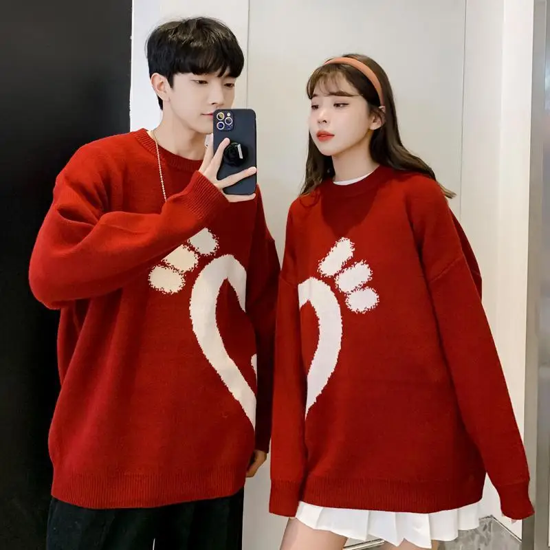 New Couple Christmas Sweater Men and Women Round Neck Thicken Autumn and Winter New Year Pullover Red Love Knitted Sweater Men