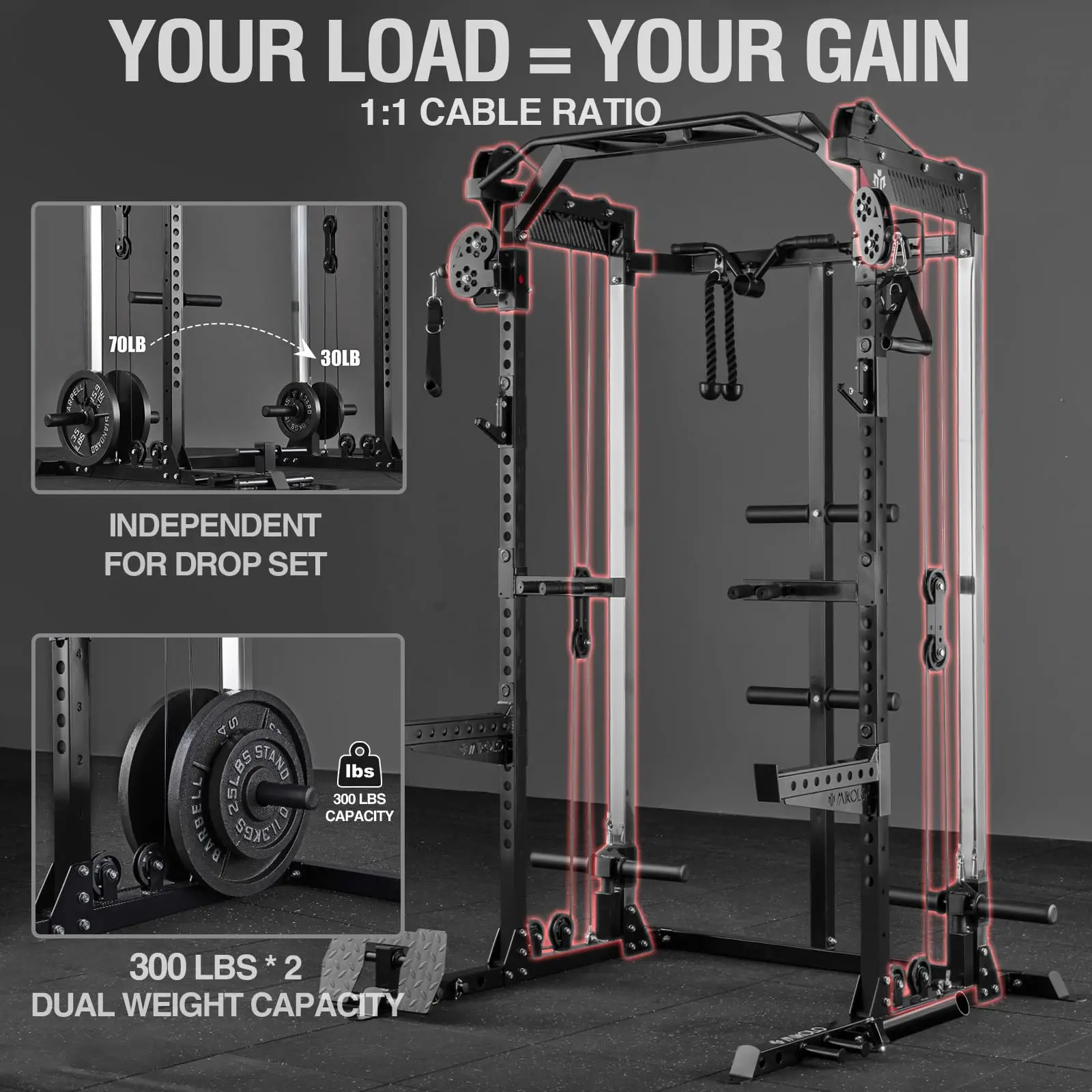 Power Cage, 2000LB Power Rack with Independent Dual Pulley System, Multi-Function Home Gym Workout Machine for Cable