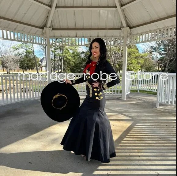 Traje de mariachi negro, vestidos de fiesta de Charro, manga larga, apliques dorados, Traje bordado, Traje de celebridad de noche mexicana