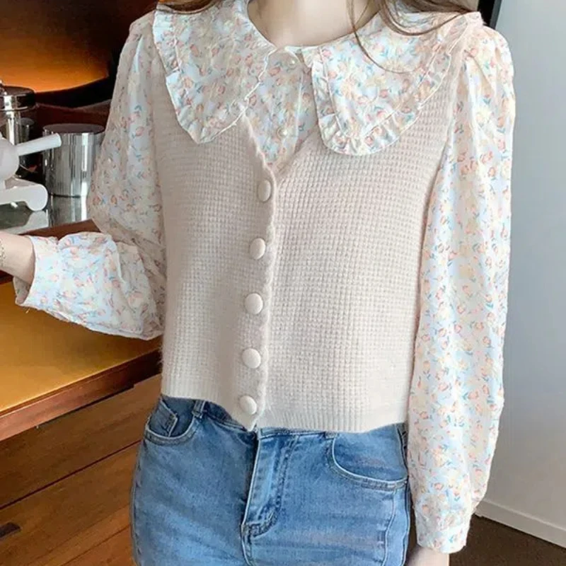 Sweet Preppy Style Autumn New Sweaters Women Peter Pan Collar Floral Shirt Button Casual Sleeveless Knitted Vest Two Piece Set