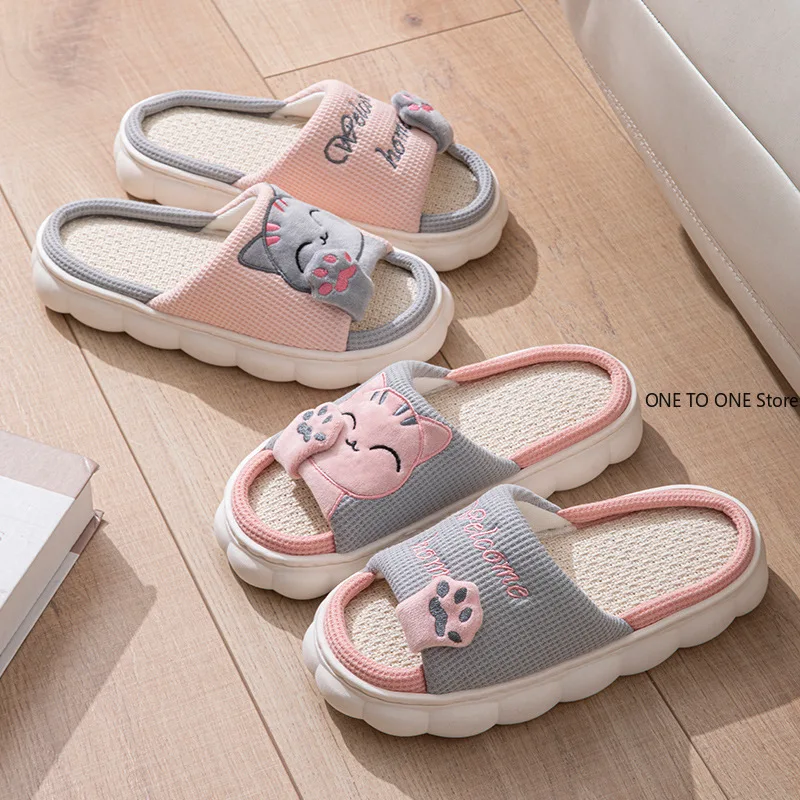 الجملة كيتي النساء النعال موضة تنفس شبشب منزل داخلي امتصاص العرق الكتان عدم الانزلاق النعال النعال عادية