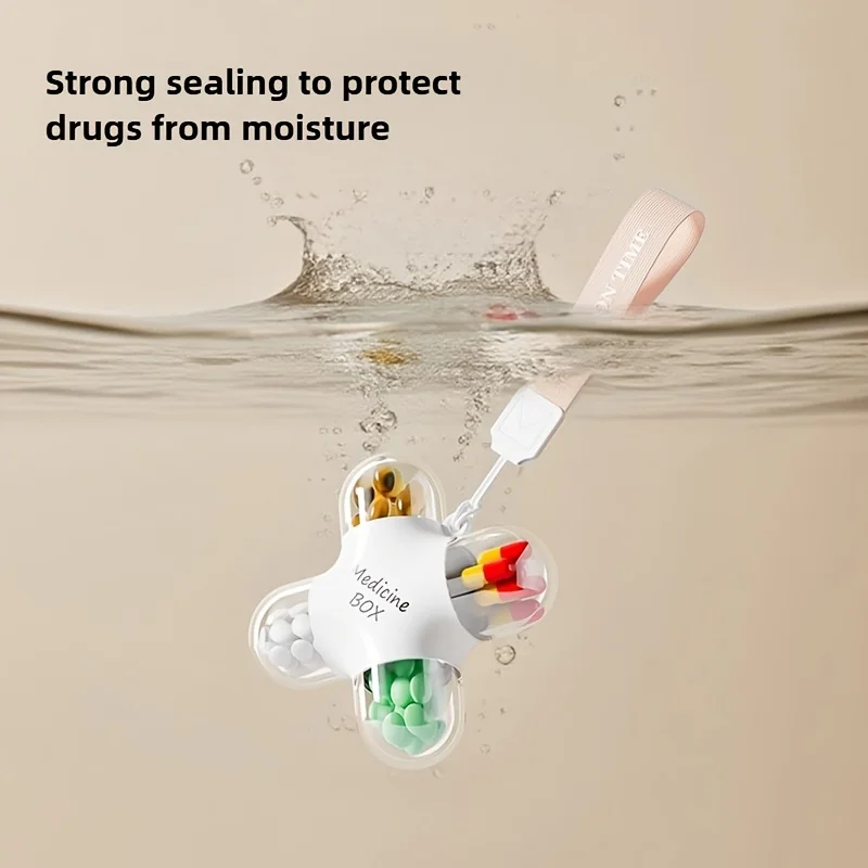 1pc Medicine Box Waterproof Portable Four Independent Sealing Compartments Pill Organizer Hanging Rope Tablets Storage Contanier