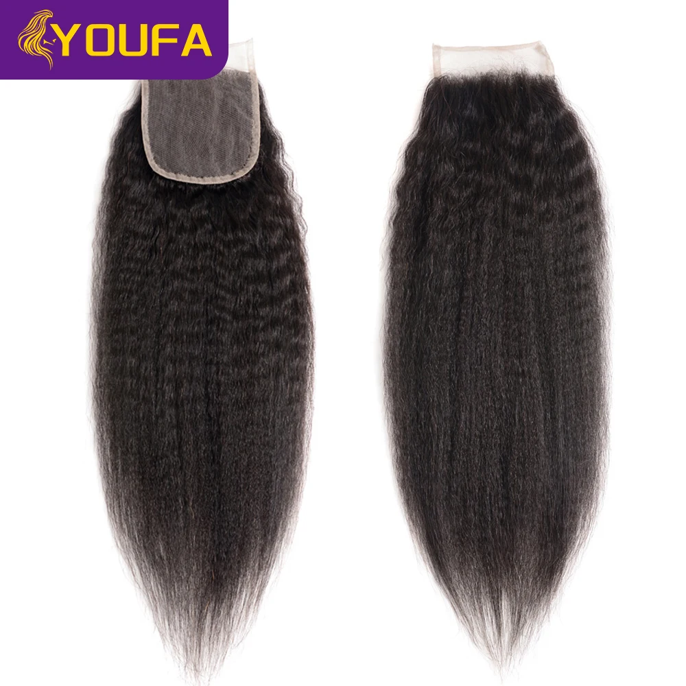 YOUFA Kinky Straight Lace Closure With Baby Hair 100% Human Hair Closures Bouncy Coarse Yaki 4x4 Lace Closure For Black Women