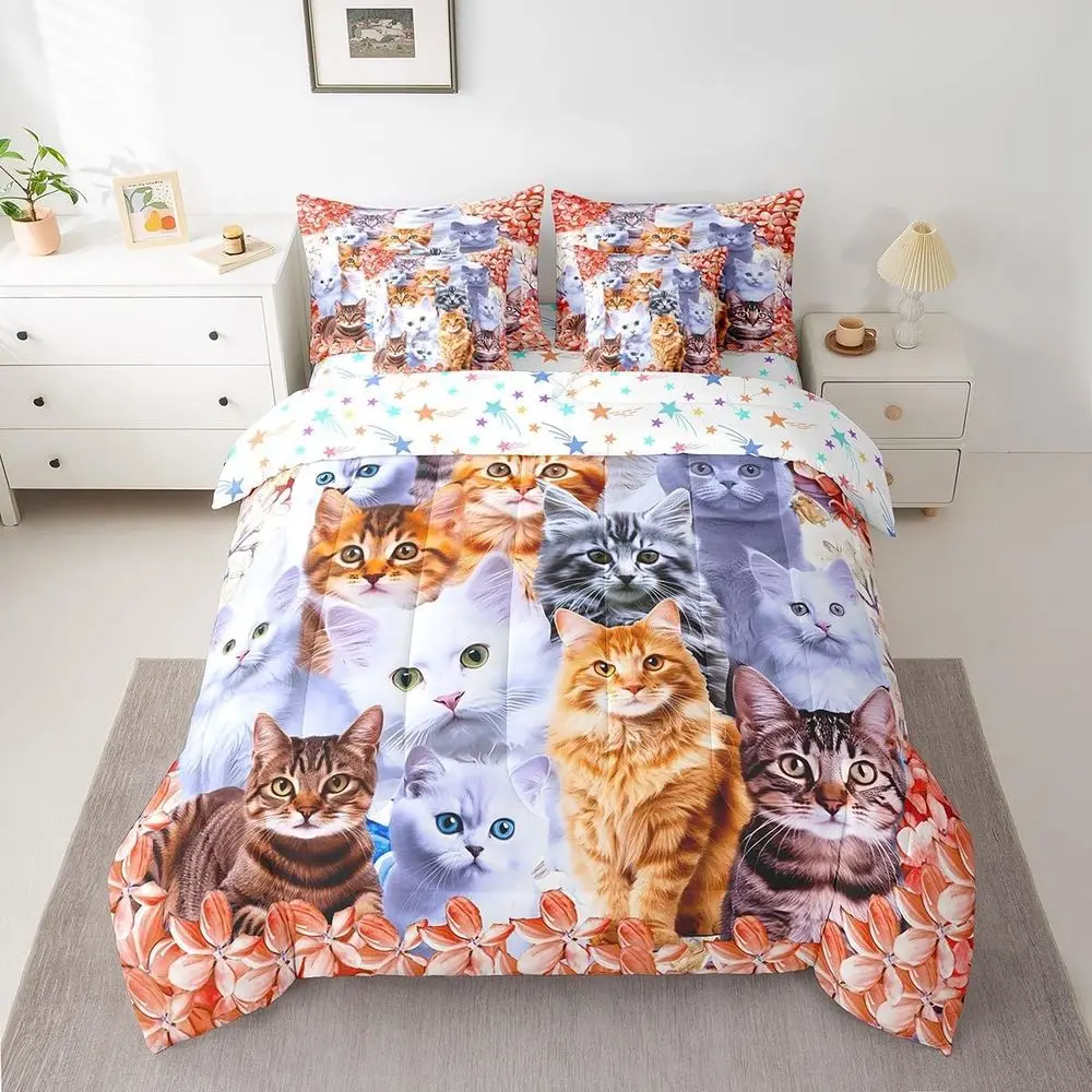 

7-Piece Queen Bedding Set with Sheets, Red Cat Comforter, and Reversible Star Pattern for Kids, Teens, and Girls Bedrooms