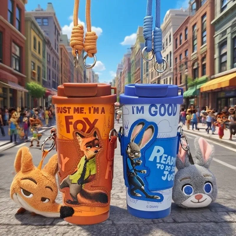 Dibujos animados Zootopia Judy Nick paja de gran capacidad bebida directa doble taza Ice King Cup correa de cuero impresa aislada regalo de vacaciones