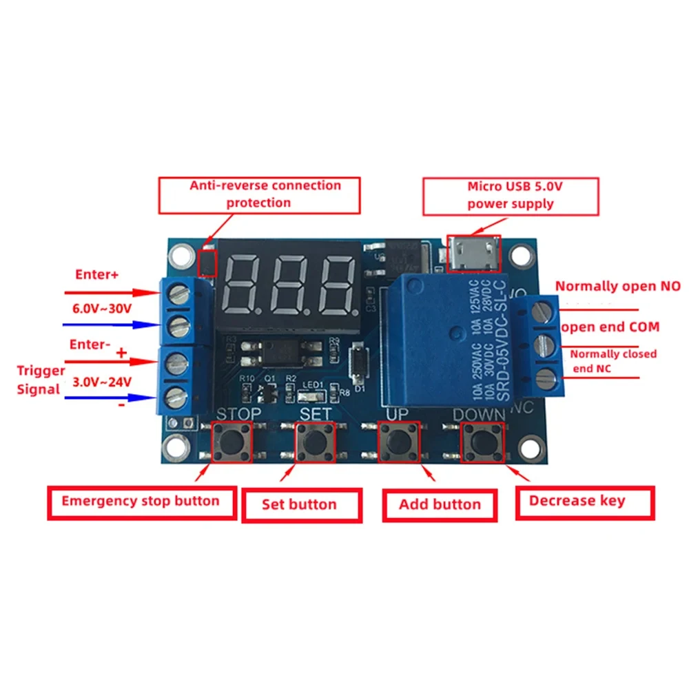 LED Automatic Cycle Delay Relay DC 6-30V Automatic Shutdown Delay Timer Switch with Micro USB/Type-C USB interface