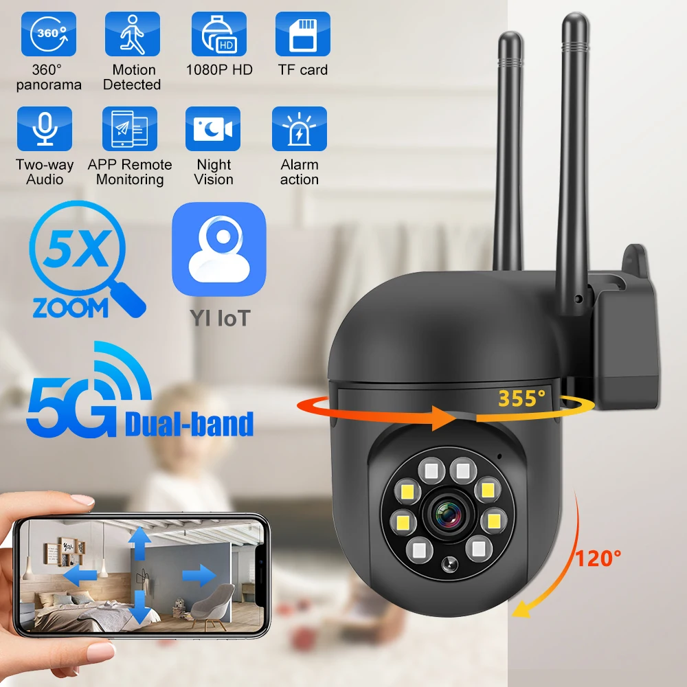 Sistema de cámaras de seguridad inalámbrico para exteriores, cámara de visión nocturna con Wifi 5G, 1080P, HD, 5Xzoom, aplicación remota, monitoreo, detección de movimiento