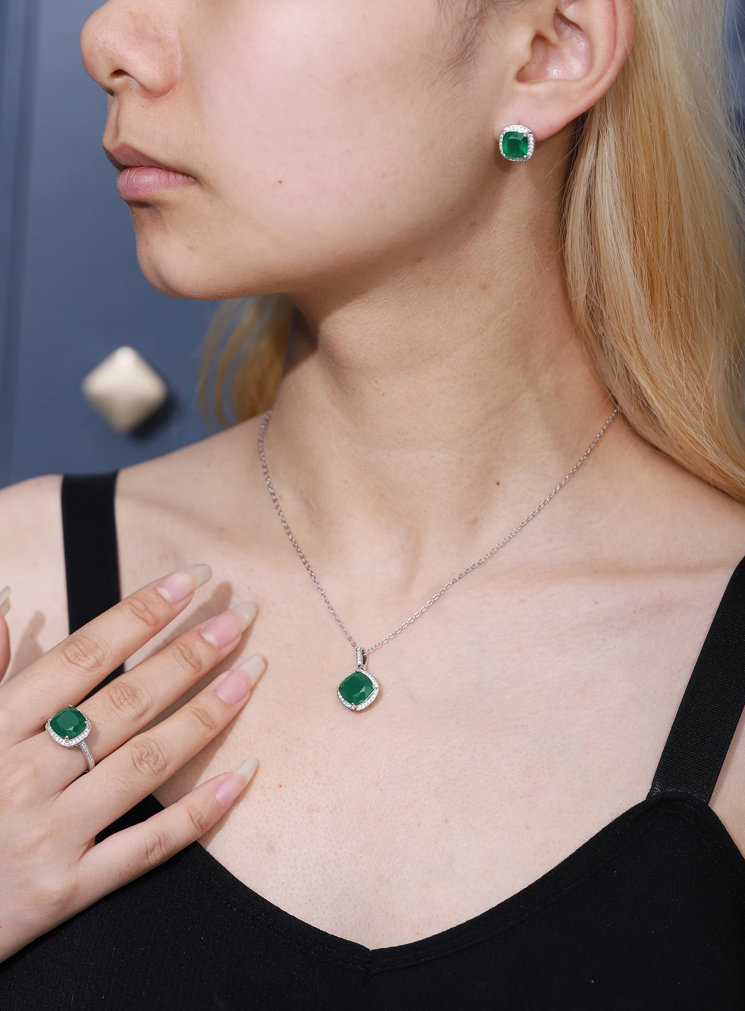 GEM\'S BALLET Natural Green Agate Stud Earrings Ring Pendant Set 925 Sterling Silver Natural Gemstone Fine Jewelry Set For Women