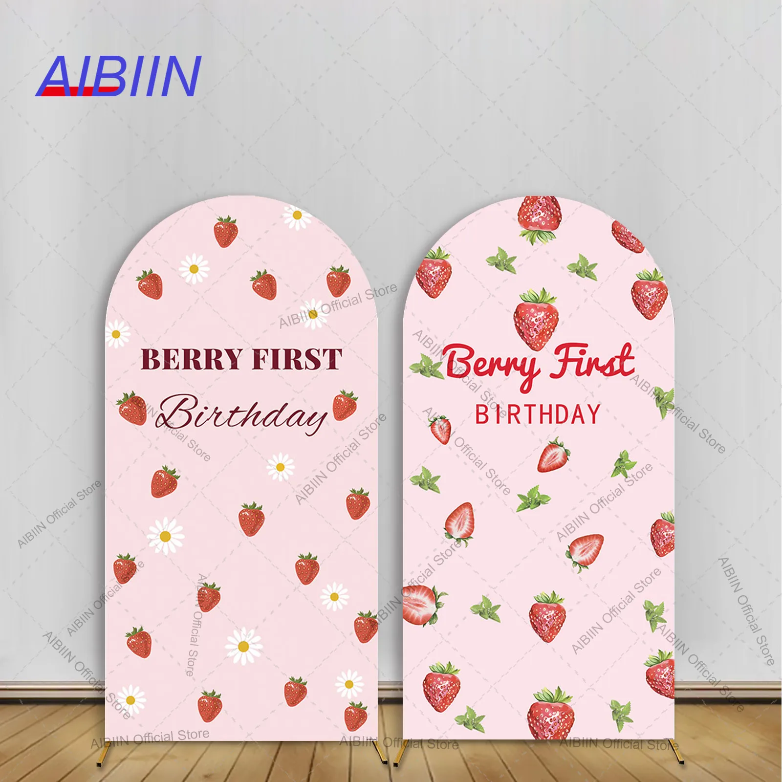 Beere Erster Geburtstag Bogen Hintergrund Abdeckung Rote Erdbeere Weiß Gänseblümchen Rosa Baby Kuchen Party Dekor Porträt Photozone Hintergrund