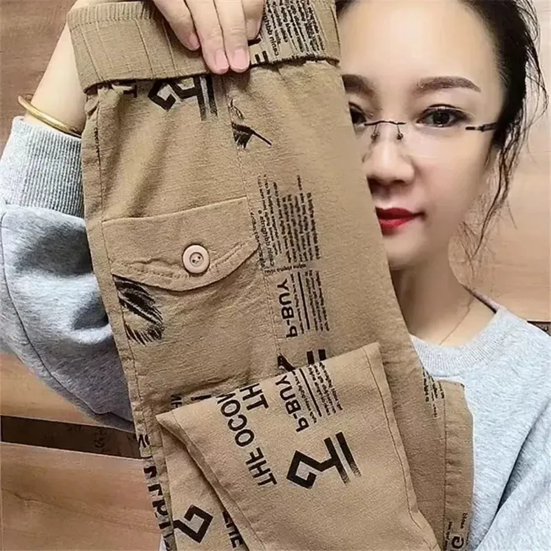 Spring Summer Cotton Hemp Casual Pants 2024New Women Korean High Strecth Waist Harem Pant Female Ankle-Length Straight Trousers