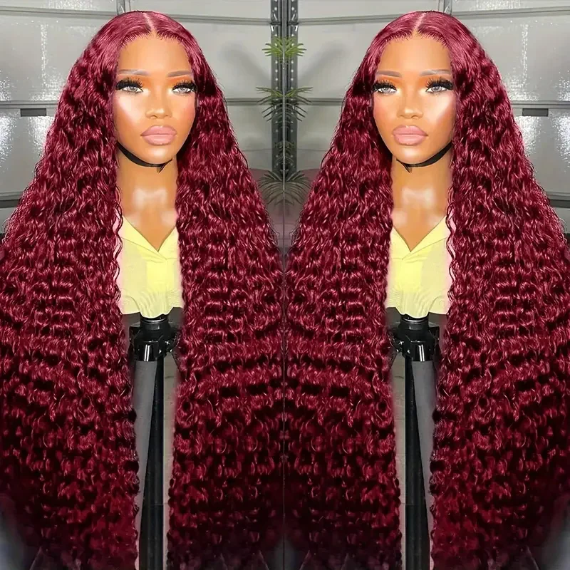 Wasserwelle Burgund 13x6 HD Spitze Frontal Echthaar Perücken für Frauen rot gefärbte 13x4 transparente Spitze lockige Deep Wave Frontal Perücke