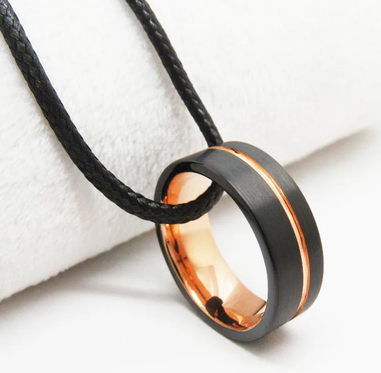 Tigrade Herrenring aus Wolframkarbid, 8 mm, schwarz gebürstet mit roségoldfarbenen Akzenten, Herren-Ehering, Verlobungsring – Detail 4