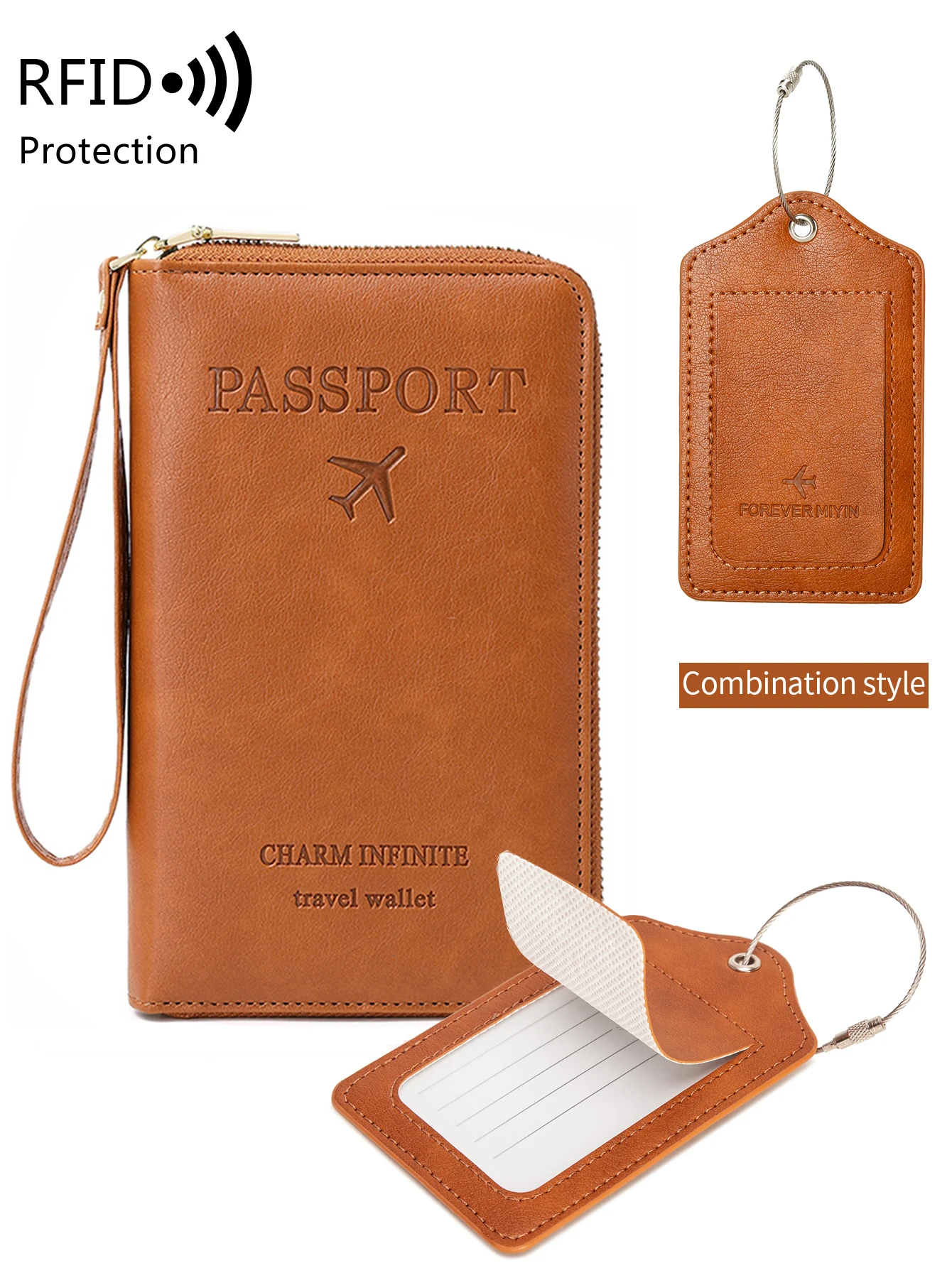 2-piece/combination passport case and luggage tag | Multi functional RFID retro passport case PU leather anti loss luggage tag