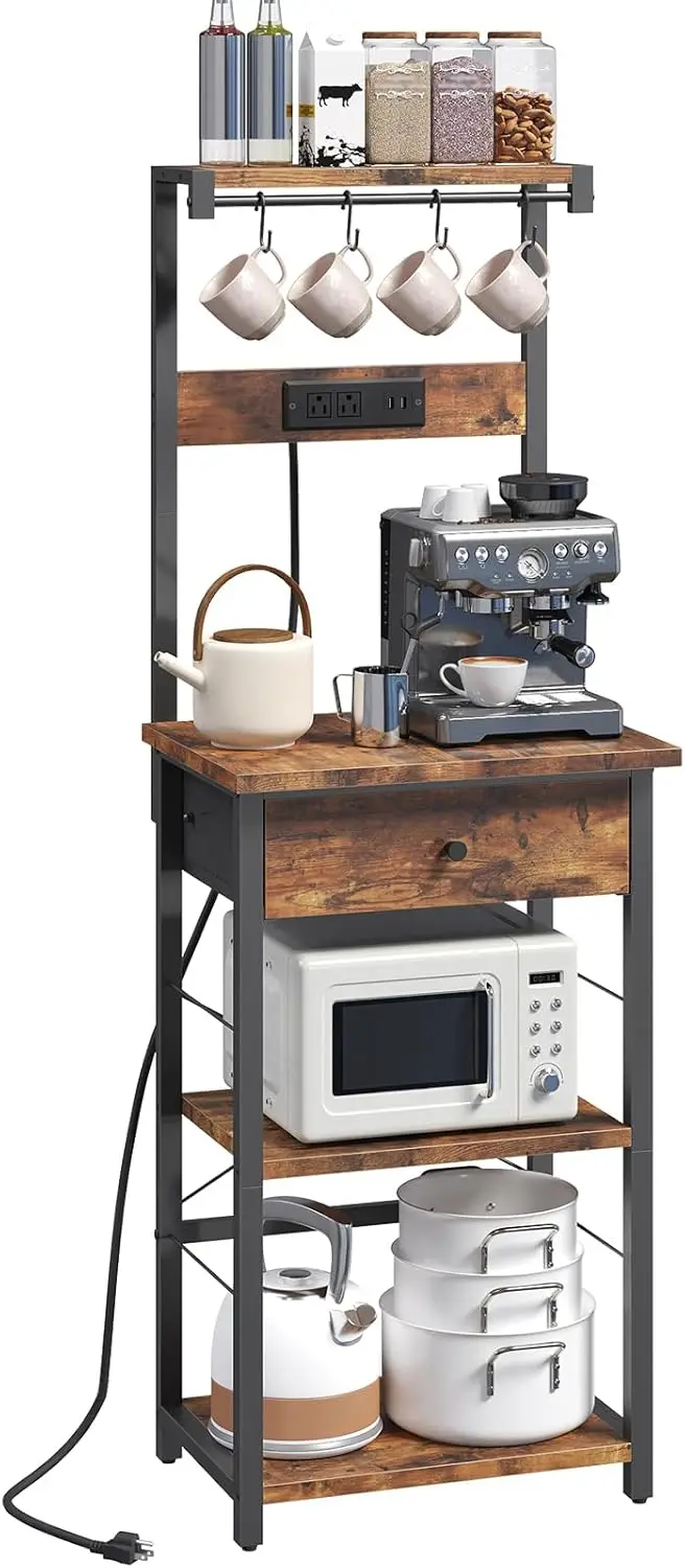 Bakers Rack with Drawer, Microwave Stand with Power Outlet, Coffee Bar Station with 4 Hooks, Kitchen Storage Shelf Rack 4 Tiers,
