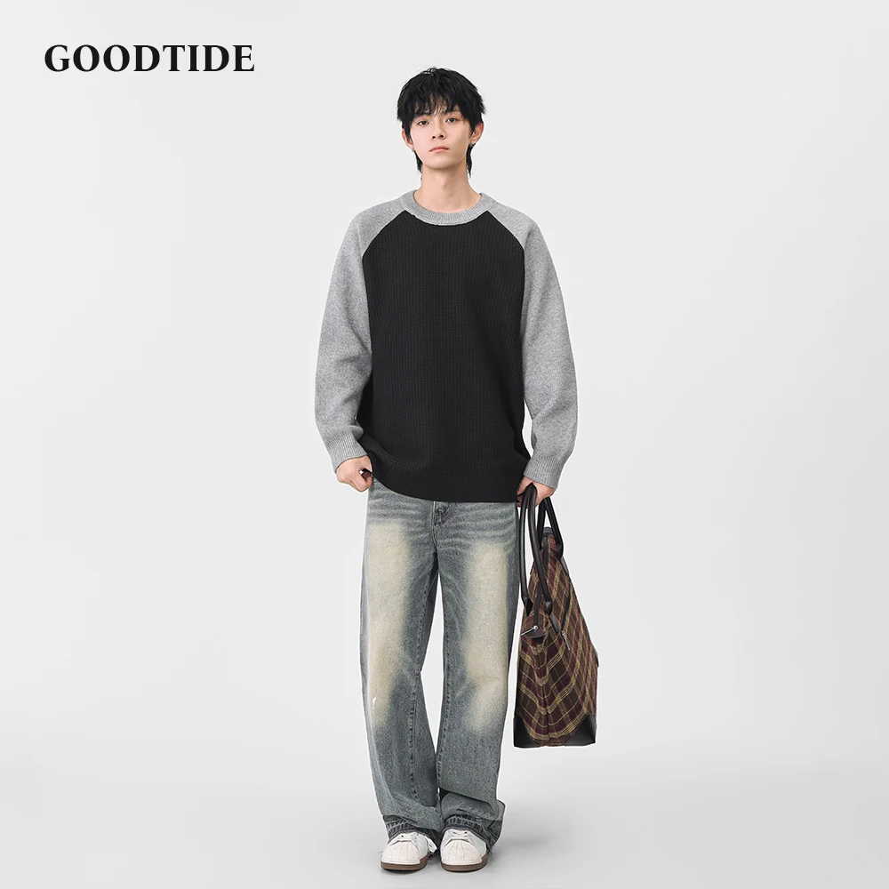 2025 Winter Fashion Men's Casual Crew Neck Sweater Contrast Raglan Sleeve Waffle Knit Pullover Soft Long Sleeve Jumper Top