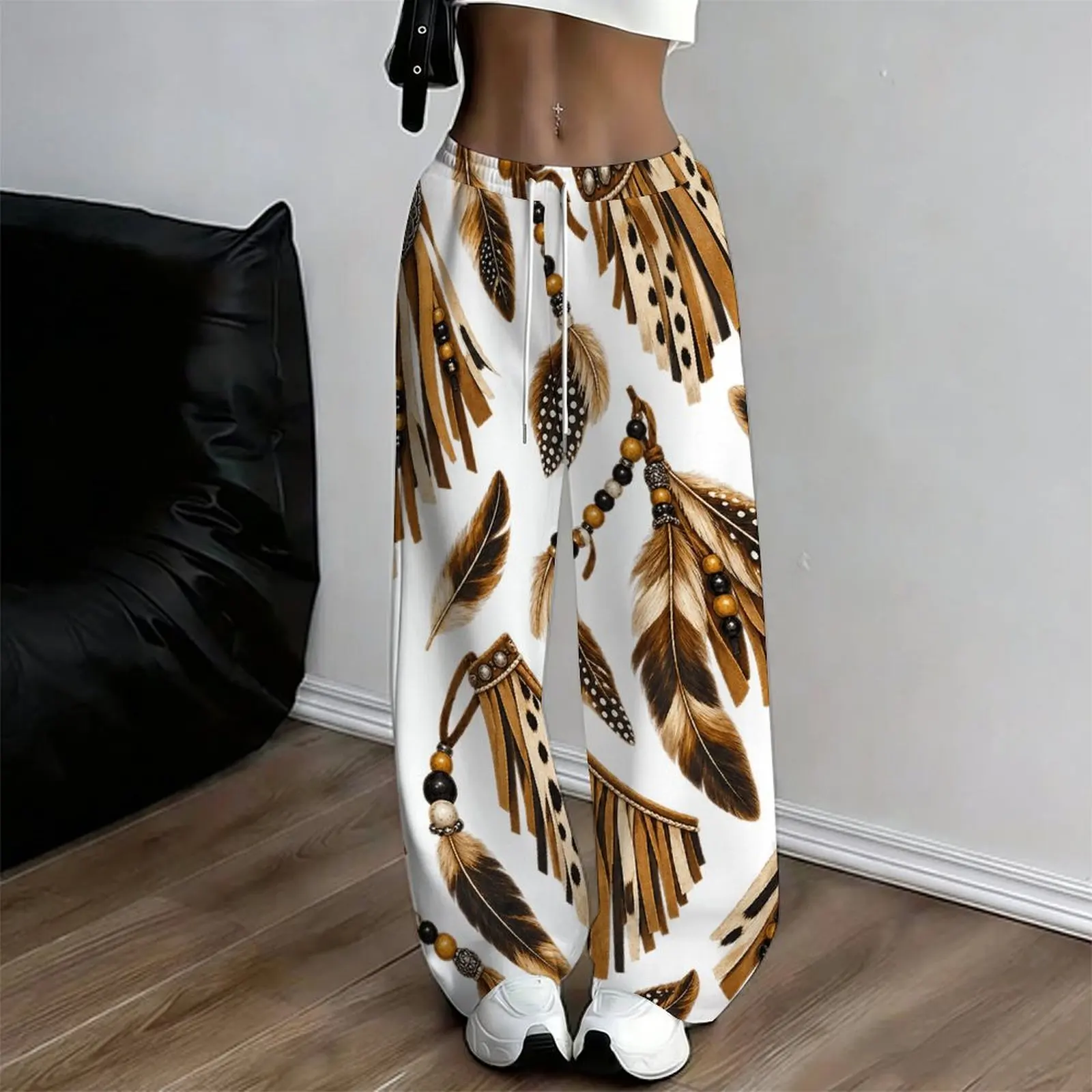 Women White Printed Tribal Feather Beaded Tassel Loose Full Length Straight Leg Drawstring Pants