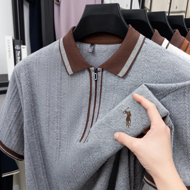 2026 Summer Short Sleeved T-shirt Men's Lapel Zipper POLO Shirt Middle-aged Men's Linen Knitting Casual T-shirt