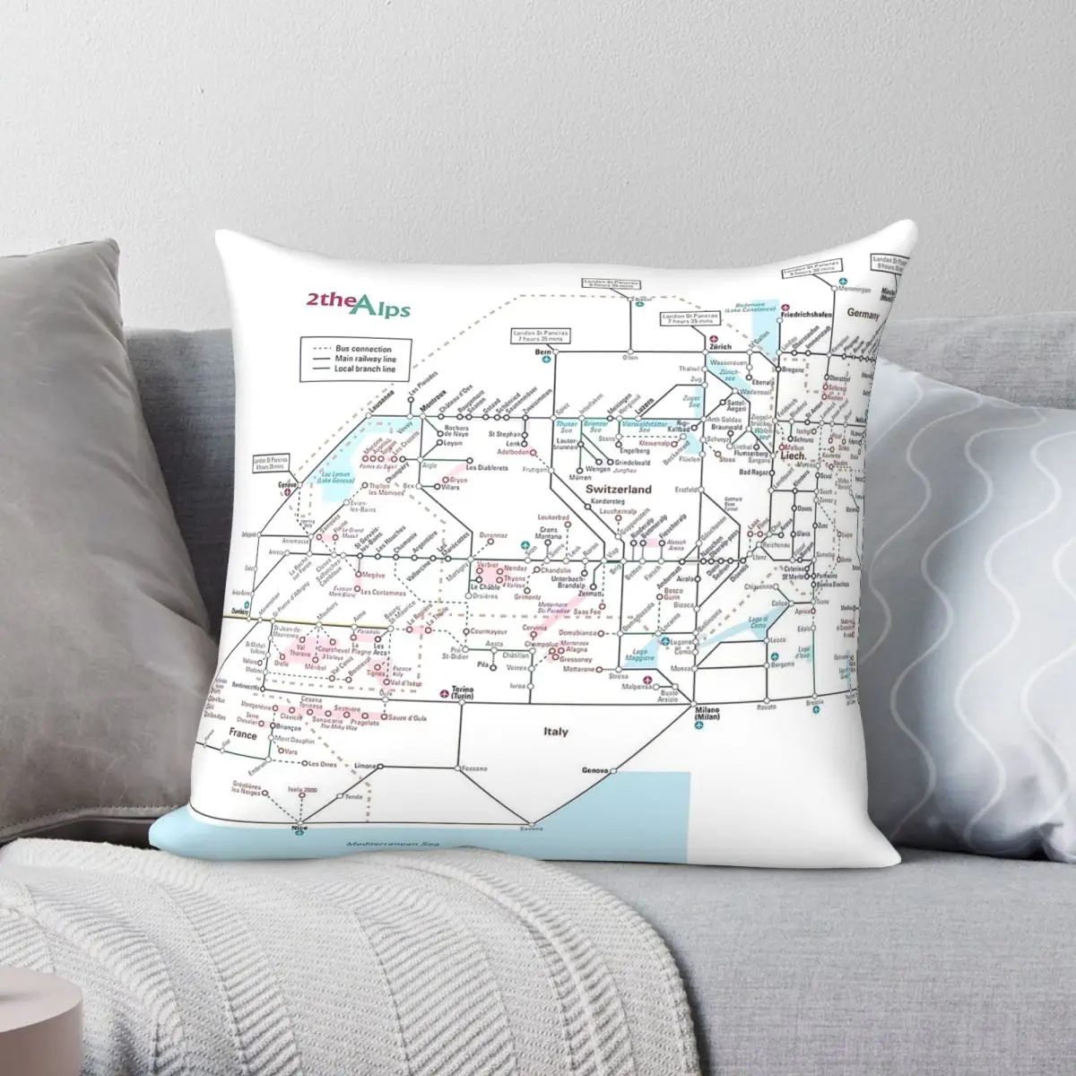 Alps Rail Map Switzerland Square Pillowcase Polyester Linen Velvet Pattern Zip Decor Throw Pillow Case Sofa Cushion Cover