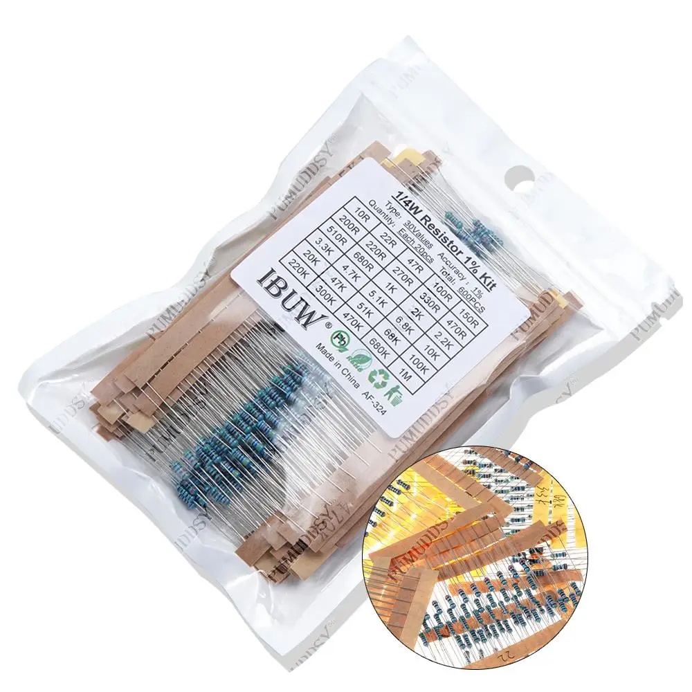 

600PCS 1/4W 1% 30 Values*20PCS Metal Film Resistor Assortment Kit Set Pack Electronic Diy Kit Resistor
