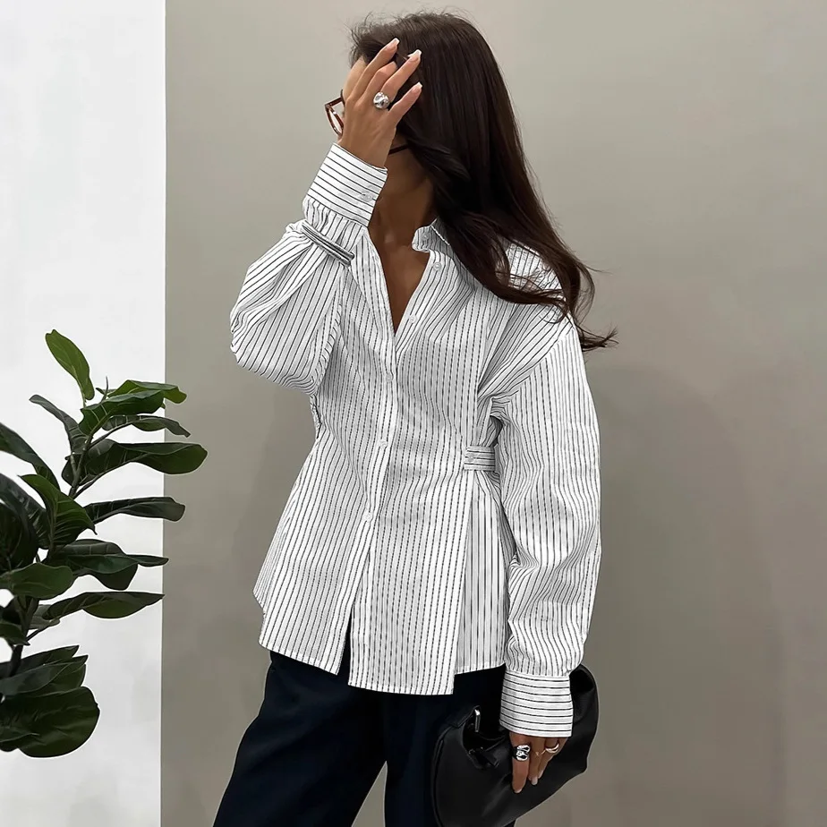 Vintage Style Woman Blouses Featuring Asymmetrical Striped Pattern Press Pleated Waist Elegant Clothing Long Sleeve Work Shirt
