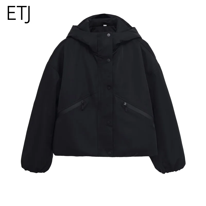 

ETJ 2025 женская осенне-зимняя новинка, водонепроницаемая и ветрозащитная куртка с воротником-стойкой и капюшоном, теплое уличное короткое пальто