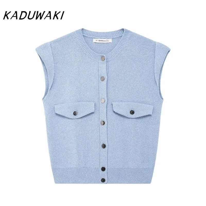 

KADUWAKI Japanese Classic Round Neck Shoulder Blue Jumper Single-breasted Versatile Knitted Cardigan Blusão De Lã Feminino Tricô