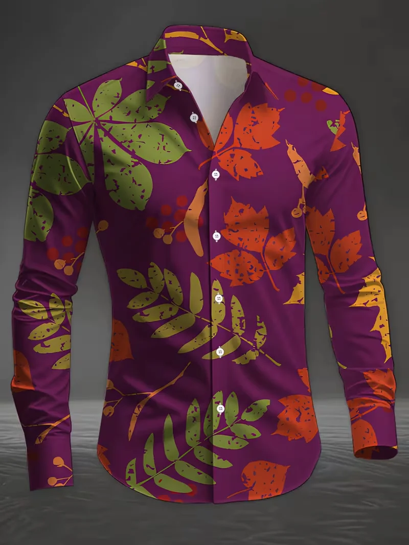 New men's long sleeved shirt with painted 3D flower print, men's fashionable and casual lapel button up shirt