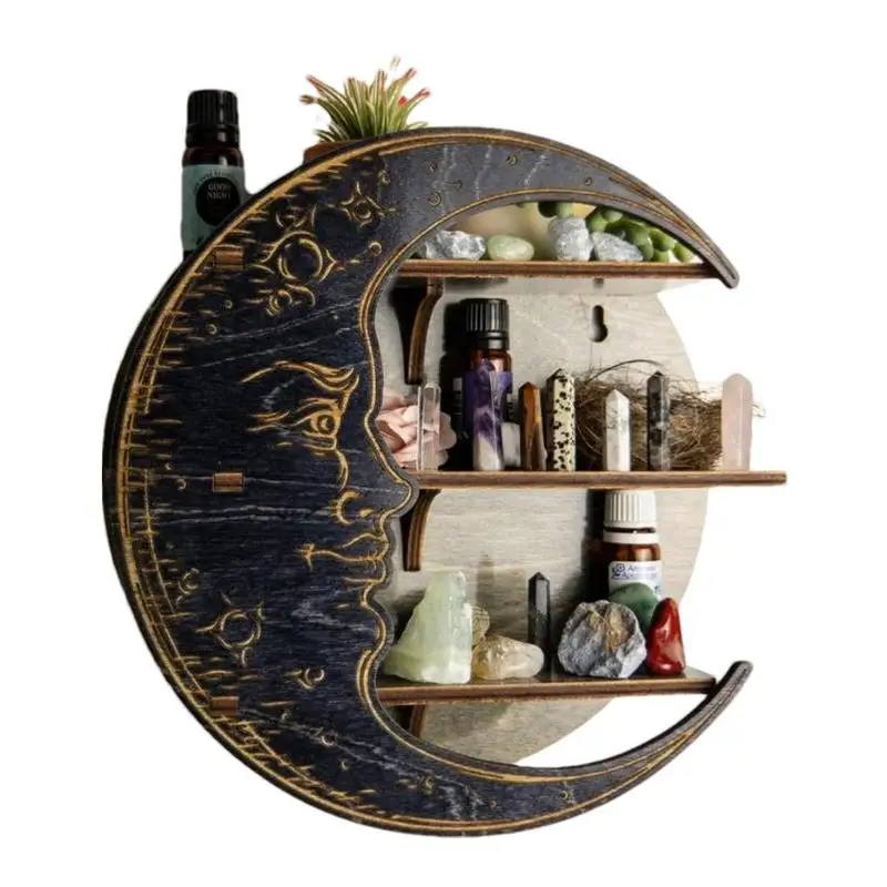 Wooden Shelf Moon Face Display Stand Floating Shelf Wall Decor Wall Shelf Boho Home Decoration Crystal Holder Wall Organizer