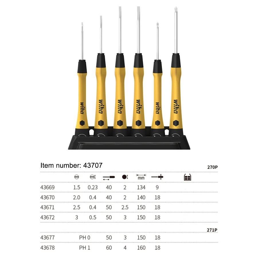 WIHA 43707 Fine Screwdriver Set 7pcs ESD PicoFinish Phillips Slotted Precision Screwdrivers and Work Bench Wiha Screwdriver Tool