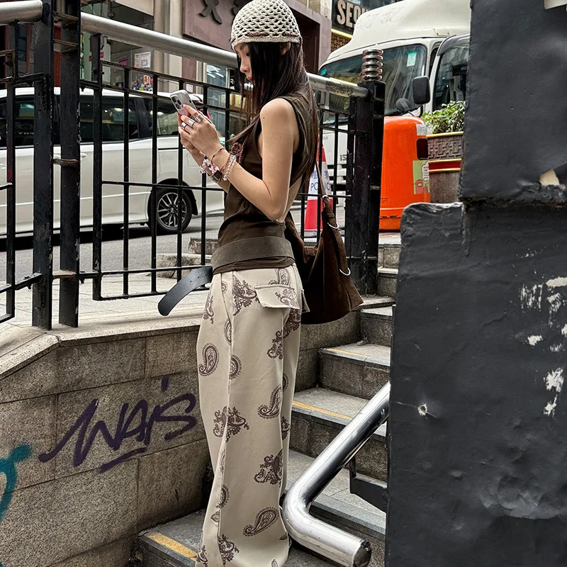 بنطلون مستقيم بطباعة غير رسمية واسعة الساق بتصميم زهرة الكاجو على الطراز الأجنبي المألوف 2025