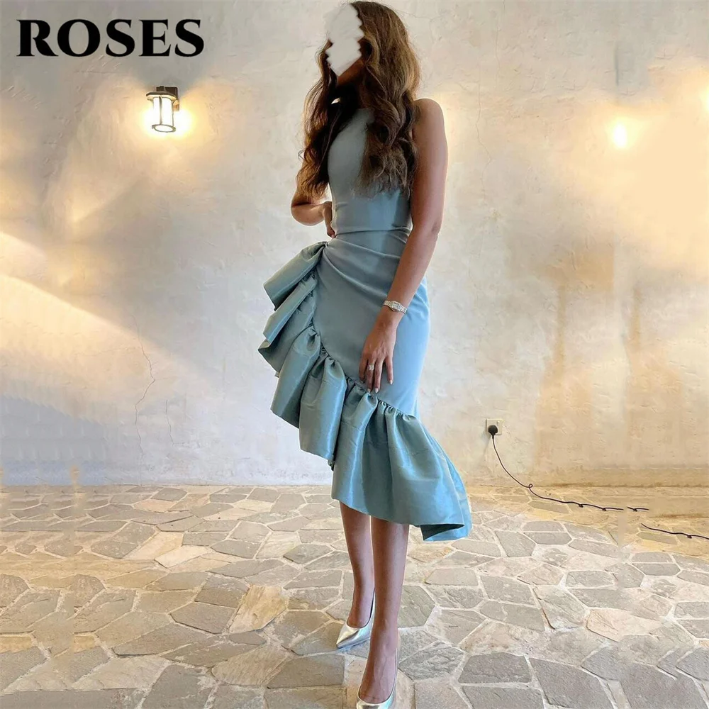 ROSES – robe de bal bleue sans manches, en Satin, col licou, robe de Gala avec volants asymétriques, robe de soirée arabe saoudienne, personnalisée
