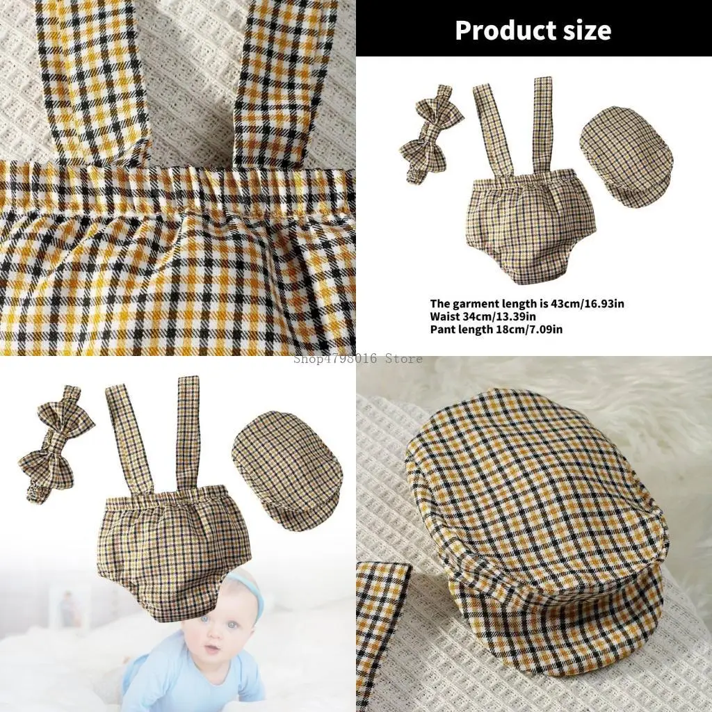 

3Pcs/set Newborns Gentleman Photoshoots Props Outfit Soft Fabric Checkered Pants with Accessories for Baby Boys