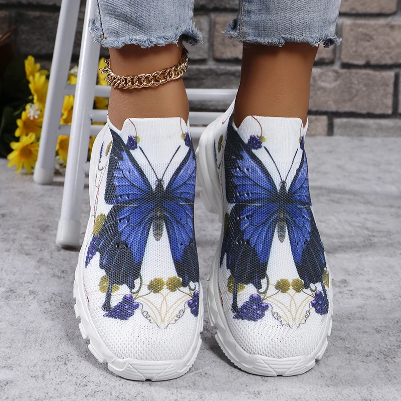 Butterfly Printing Platform Sneakers for Women Breathable Knitting Mesh Sports Shoes Woman Plus Size 43 Non Slip Slip On Flats