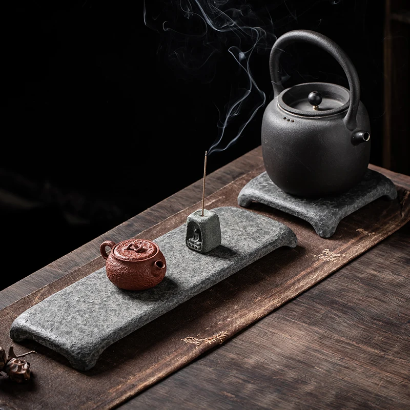 Stein-Teekannenuntersetzer aus Natürlichem Schwarzem Basalt, Handgefertigtes Künstlerisches Zen Kung Fu Teezeremonie-Accessoire, Heimischer Teetisch-Dekor 38x12cm – Detail 10