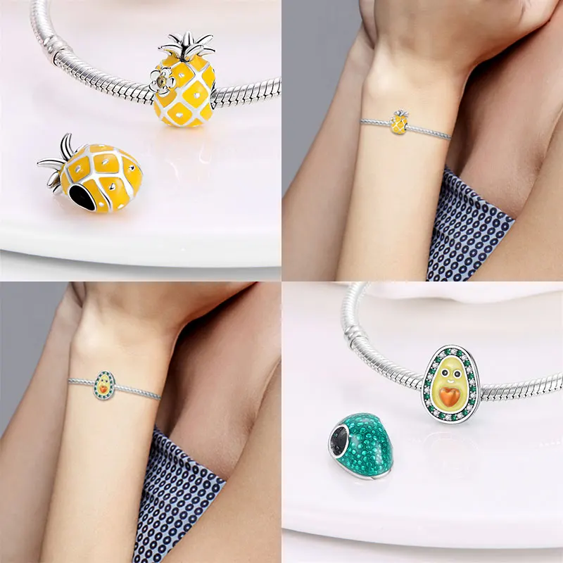 925 Silver Strawberry Pineapple Cherry Avocado Charm Pendant Beads  Fit Charm Original Bracelet for Women Jewelry Making - view 3
