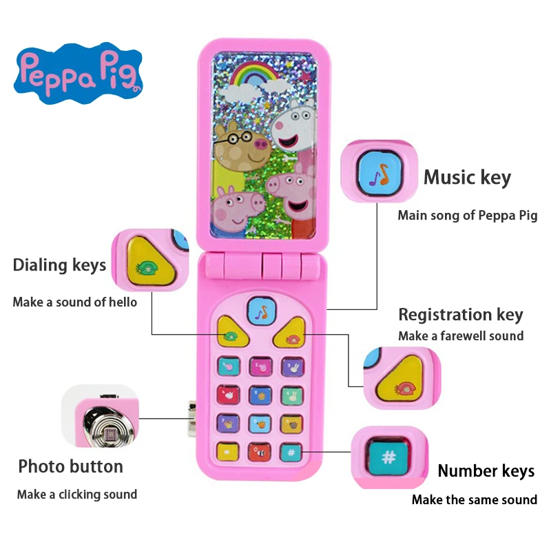 Genuine Peppa Pig Children's Mobile Phone Toy Simulation Flip Puzzle Early Education Model Girl Music Photo Phone Birthday Gifts