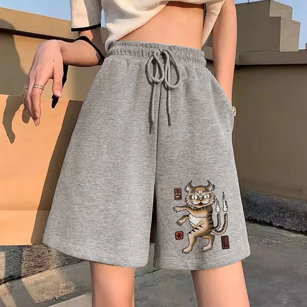 Women's Harajuku Loose Shorts Street Women's Belt Fashion Gray Shorts Cute Cartoon Print Series Student Casual Cropped Pants