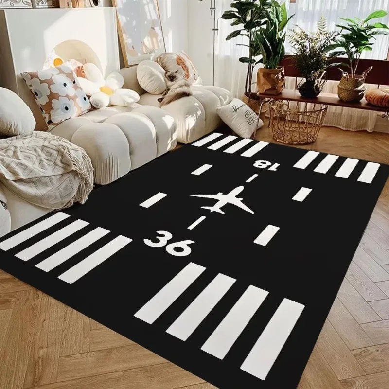 Airport Runway Kids Play Area Rug Flannel Carpet Non Slip Game Floor Mat for Toddler Playroom Bedroom Indoor Activity Decor