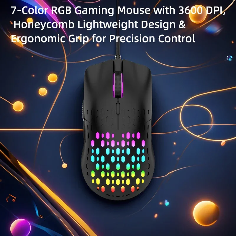 Wired multi-color glowing mouse with vibrant RGB lighting - perfect for gaming on your computer.