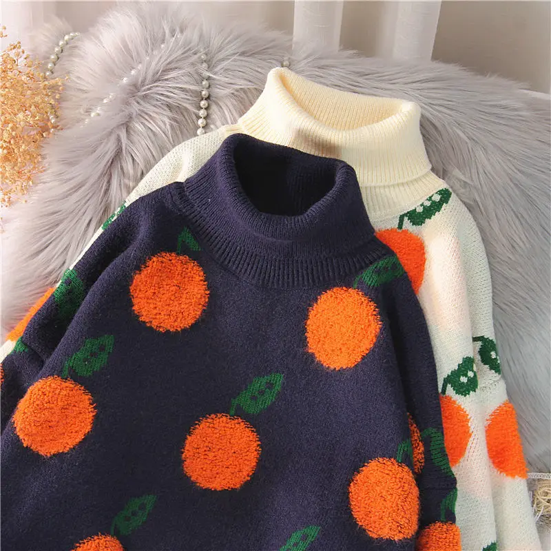 New Winter Women\'s Sweaters Pullovers Orange Pattern Long Sleeve jumpers Female Turtleneck Knitted Big size Sweater Mujer