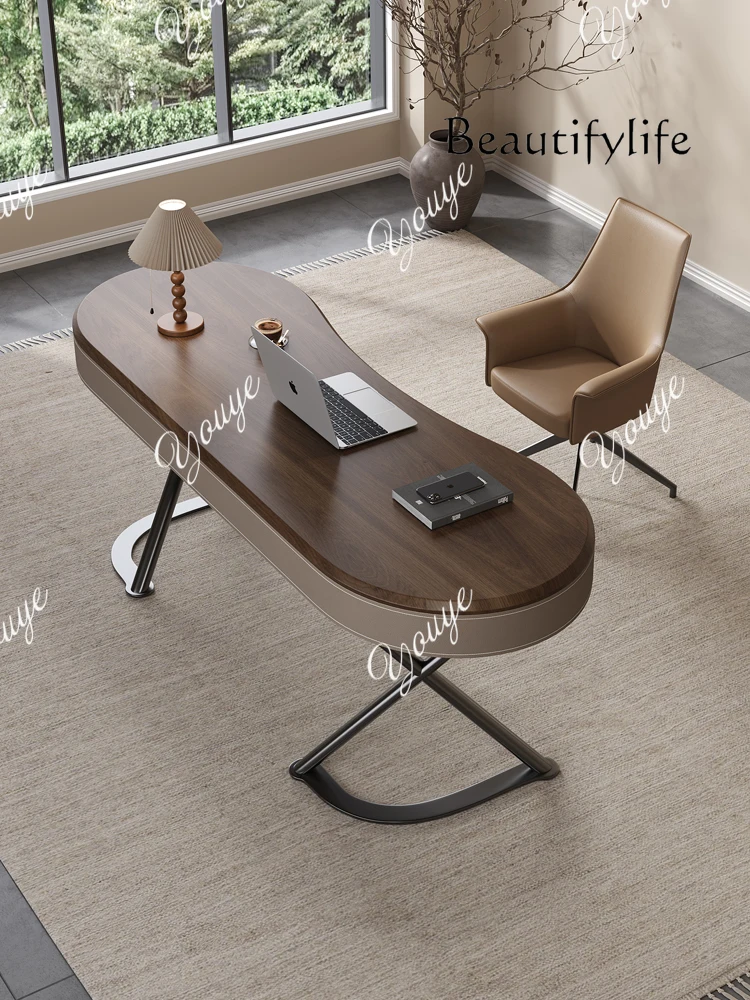 

Saddle leather home bedroom walnut leather computer desk High-end solid wood desk light luxury modern simple
