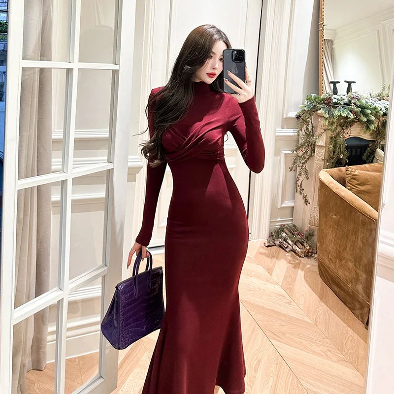 Retro Long Sleeve Fishtail Dress New Inner Wear Sheath Bottom Stretch