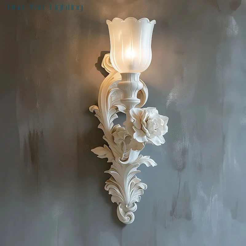 French Style Wall Lamp for Living Room Foyer Hallway Carved Art Light Cream Color Flower Design Vintage Decorative Lighting