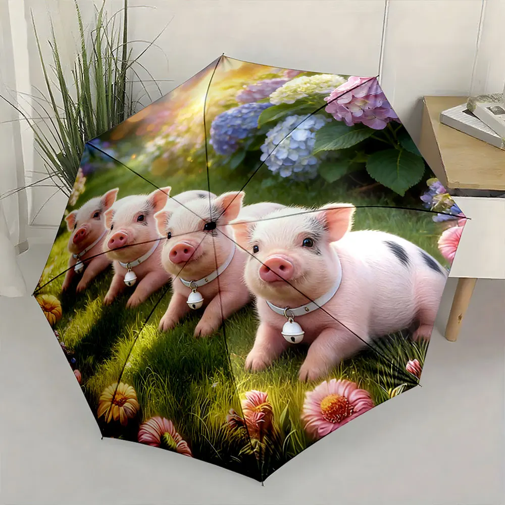 1PC Adorable Piglets Umbrella with Floral Garden Design Print 8 Iron Ribs Folding Umbrella Auto-Open Fashion Sunshade