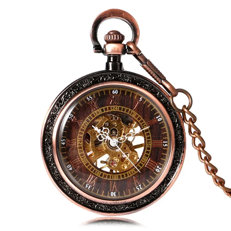 Vintage Skeleton Hand-winding Mechanical Pocket Watch for Men Women Roman Numeral Fob Pendant Chain Open Face Clock Collect