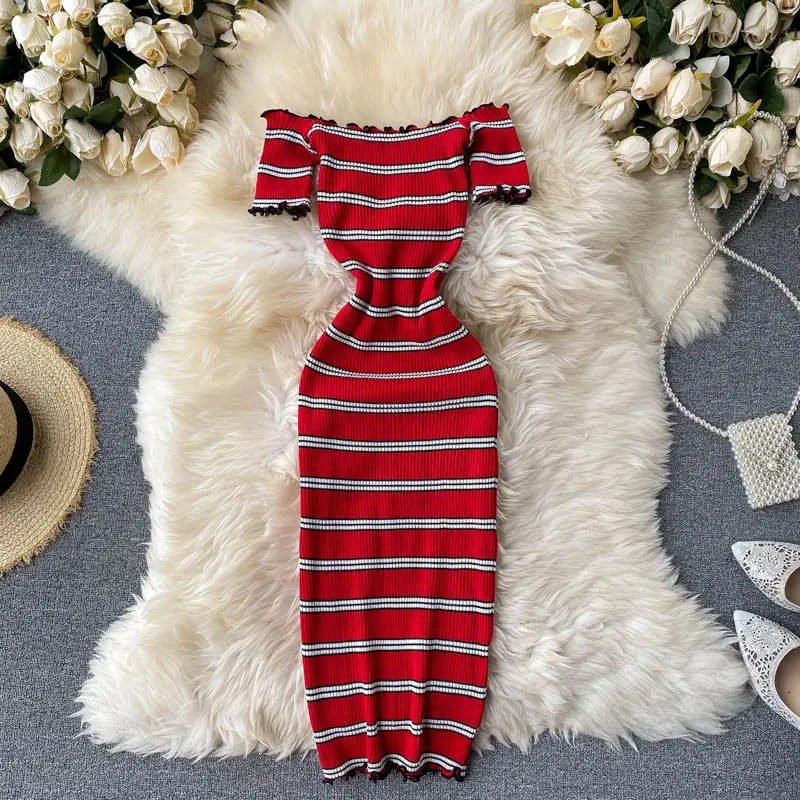 Summer Women Vintage Slash Neck Sundress Short Sleeve Knitted Dress Edible Tree Fungus Striped Elastic Bodycon Wrap Dress